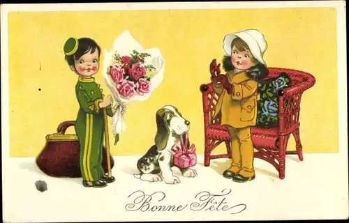 Ak Glückwunsch Geburtstag, Portier mit Blumenstrauß, Mädchen, Hund