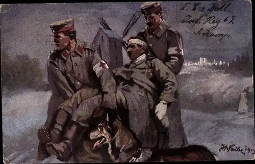 Künstler Ak Sailer, Verwundeter wird von Sanitätern abtransportiert, Sanitätshund, I. WK