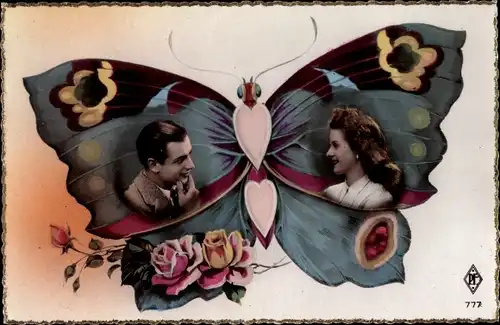 Ak Schmetterling, Rosenblüten, Liebespaar in den Flügeln