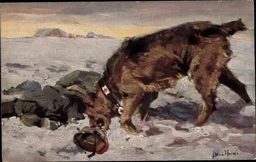 Künstler Ak Heide, Sanitätshund findet einen verletzten Soldaten im Schnee, I. WK