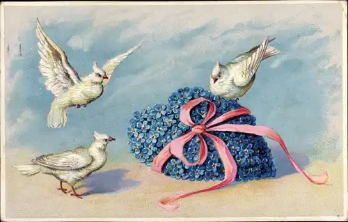 Ak Herz aus Vergissmeinnichtblüten, weiße Vögel