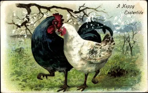 Ak Glückwunsch Ostern, Schwarzer Hahn und weißes Huhn