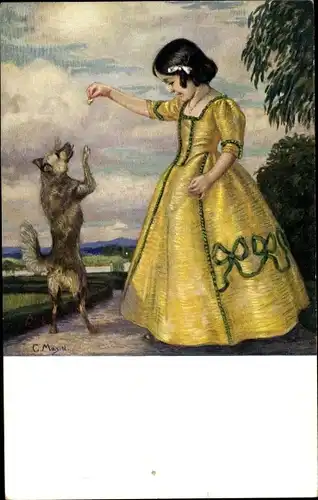 Künstler Ak Corneille, Max, Ein Leckerbissen, Mädchen dressiert einen Hund
