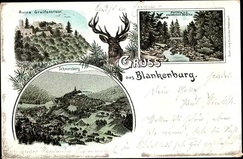 Litho Bad Blankenburg in Thüringen, Ruine Greifenstein, Partie an der steinernen Brücke, Schwarzburg