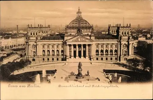 Ak Berlin Tiergarten, Reichstagsgebäude und Bismarckdenkmal