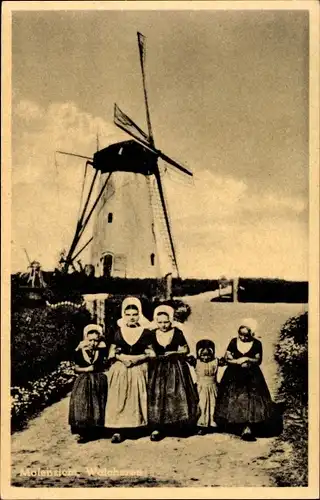 Ak Walcheren Zeeland, Trachten, Kinder, Windmühle
