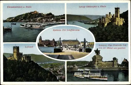 Ak Koblenz am Rhein, Ehrenbreitstein, Schloss Stolzenfels, Schiffsbrücke, Lahneck, Deutsches Eck