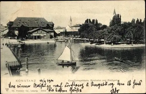 Ak Konstanz am Bodensee, Conciliumsgebäude, Boothafen, Stadtgarten, Segelboot