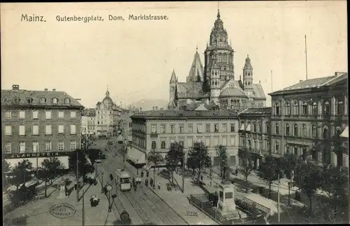 Ak Mainz am Rhein, Gutenbergplatz, Dom, Marktstraße, Straßenbahn, Denkmal