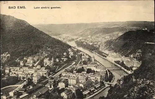 Ak Bad Ems an der Lahn, Blick auf den Ort Lahn abwärts gesehen