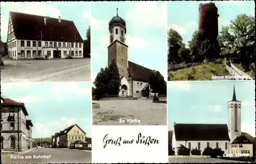 Ak Süßen an der Fils, Ev. Kirche, Ruine Staufeneck, Kath. Kirche, Rathaus, Partie am Bahnhof