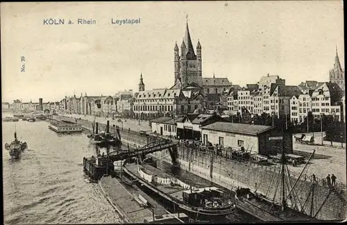 Ak Köln am Rhein, Rheinufer, Lastkahn, Anlegestelle, Leystapel