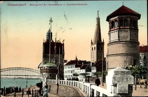 Ak Düsseldorf am Rhein, Rheinpartie mit Schlossturm und Düsselschlösschen