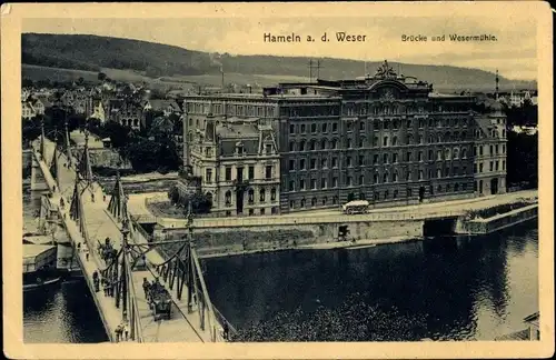 Ak Hameln an der Weser Niedersachsen, Brücke mit Wassermühle