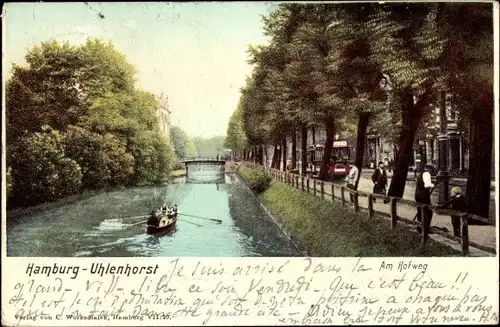 Ak Hamburg Uhlenhorst, Hofweg, Alster, Brücke, Straßenbahn, Ruderboot