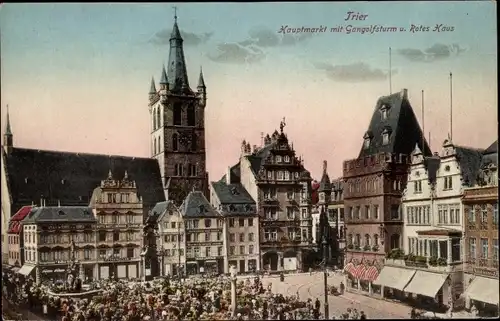 Ak Trier an der Mosel, Hauptmarkt mit Gangolfsturm und Rotes Haus