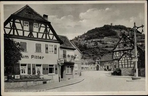 Ak Heppenheim an der Bergstraße, Gasthaus Zum Ritter, kleiner Markt mit Starkenburg