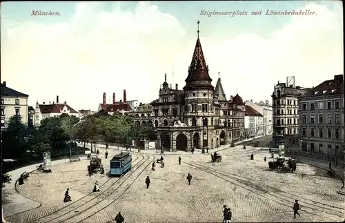 Ak München, Stiglmaierplatz mit Löwenbräukeller