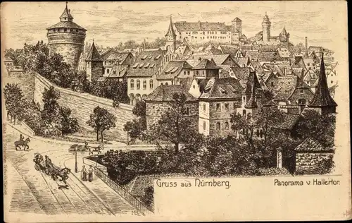 Künstler Ak Nürnberg in Mittelfranken, Panorama v. Hallertor