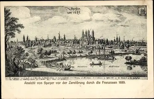 Ak Speyer am Rhein, Ansicht von Speyer vor der Zerstörung durch die Franzosen 1689