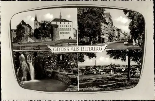 Ak Bitburg in der Eifel Rheinland Pfalz, Strassenansicht, Ortsblick, Wasserfall, Burg