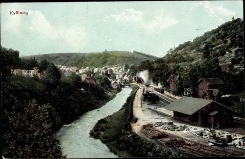 Ak Kyllburg, Blick auf Fluss Kyll und Eisenbahn, Gleise