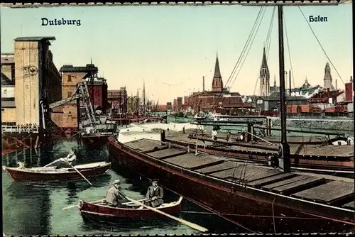 Ak Duisburg, Blick auf den Hafen, Männer im Ruderboot