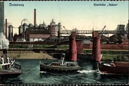 Ak Duisburg, Blick auf die Eisenhütte Vulkan, Kran, Brücke, Dampfer