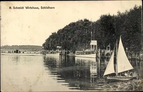 Ak Berlin Wilmersdorf Grunewald Schildhorn, R. Schmidt Wirtshaus, Segelboot