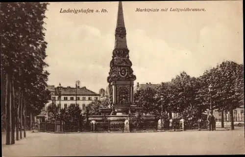 Ak Ludwigshafen am Rhein, Blick auf Marktplatz mit Luitpoldbrunnen