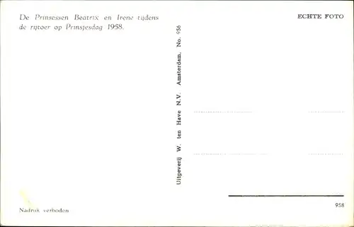 Ak Prinzessinnen Beatrix und Irene der Niederlande, Prinsjesdag 1958