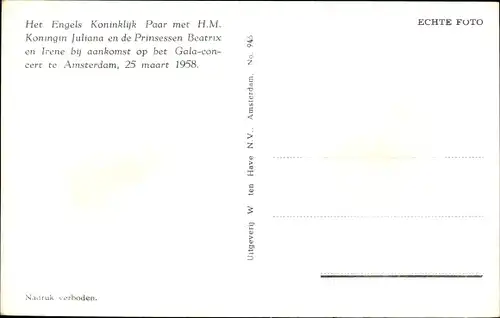 Ak Königin Elisabeth II. und Königin Juliana der Niederlande, Prinzessin Beatrix, Amsterdam 1958