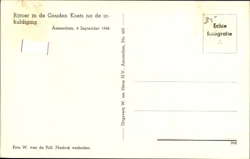 Ak Inthronisation Königin Juliana, Goldene Kutsche, mit Mann und Kinder, 1948