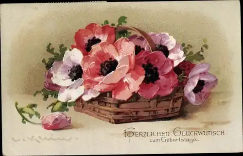 Künstler Ak Klein, Catharina, Körbchen mit Anemonen, Blüten, Blumen, Meissner & Buch 2194