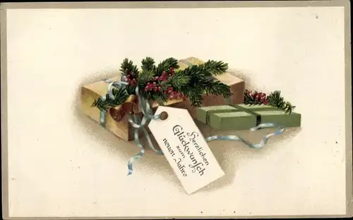 Ak Glückwunsch Neujahr, Geschenk, Tannenzweige, Glocken