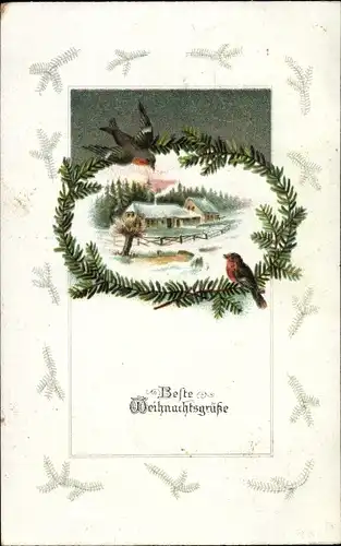 Ak Glückwunsch Weihnachten, Dorfpartie, Tannenzweige, Vögel