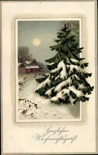 Mondschein Ak Glückwunsch Weihnachten, Tannenbaum, Schneepartie