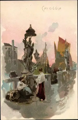 Künstler Litho Chioggia Veneto, Kanal, Boote, Frauen