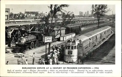 Ak Burlington Vermont USA, Burlington Zephyr at a century of progress Exposition 1934