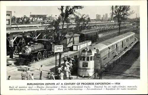 Ak Burlington Vermont USA, Burlington Zephyr at a century of progress Exposition 1934