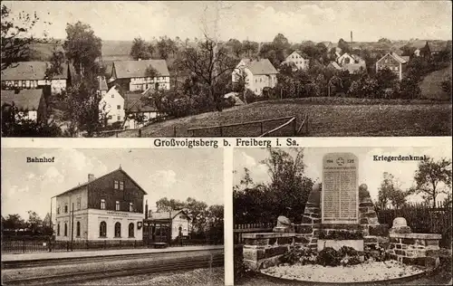 Ak Großvoigtsberg Großschirma in Sachsen, Bahnhof, Gleisseite, Kriegerdenkmal, Blick auf den Ort