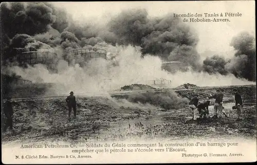 Ak Hoboken Antwerpen Flandern, Incendie des Tanks a Petrole, American Petroleum Co.