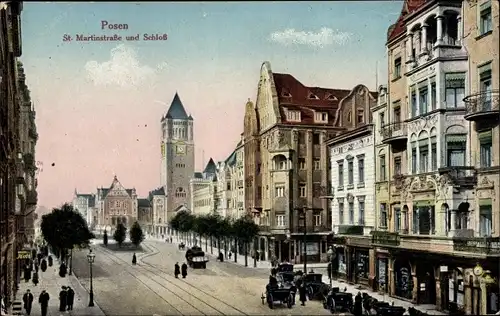 Ak Poznań Posen, St. Martinstraße und Schloss