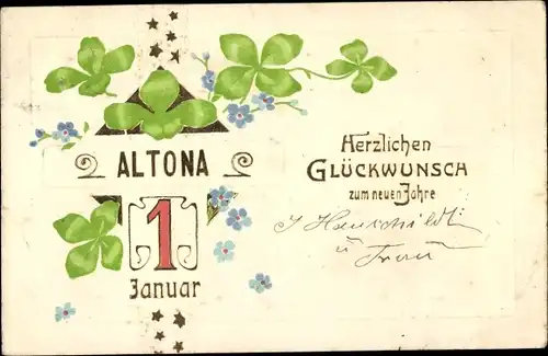 Präge Ak Glückwunsch Neujahr, Glücksklee, Kalender, Vergissmeinnicht, Altona