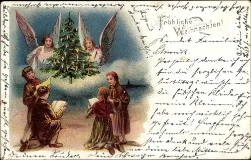 Litho Glückwunsch Weihnachten, Singende Kinder, Tannenbaum, Engel