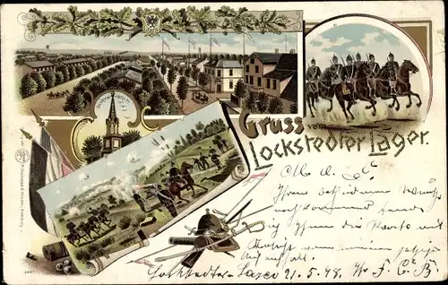 Litho Lockstedt in Holstein, Lockstedter Lager, Deutsche Soldaten zu Pferde, Kaiserreich, Fahne