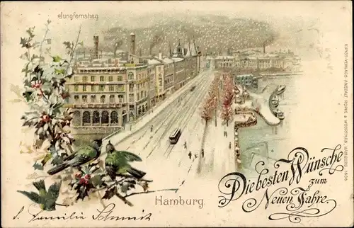 Litho Hamburg Mitte Altstadt, Blick auf den verschneiten Jungfernstieg, Glückwunsch Neujahr