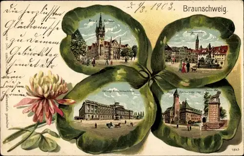 Präge Kleeblatt Litho Braunschweig in Niedersachsen, Neues Rathaus, Schloss, Markt