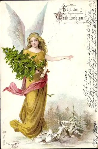 Litho Glückwunsch Weihnachten, Engel mit Tannenbaum