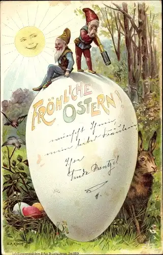 Litho Glückwunsch Oster, Zwerge, Osterei, Osterhase, Sonnenschein